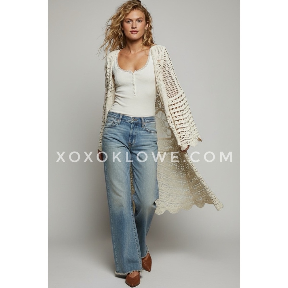 POL Cream Chenille Crochet Duster Cardigan | Long Open Knit Embroidered Boho - Picture 4 of 10